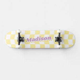 Skateboard Fille Nom Jaune Chèque Blanc Motif Retro