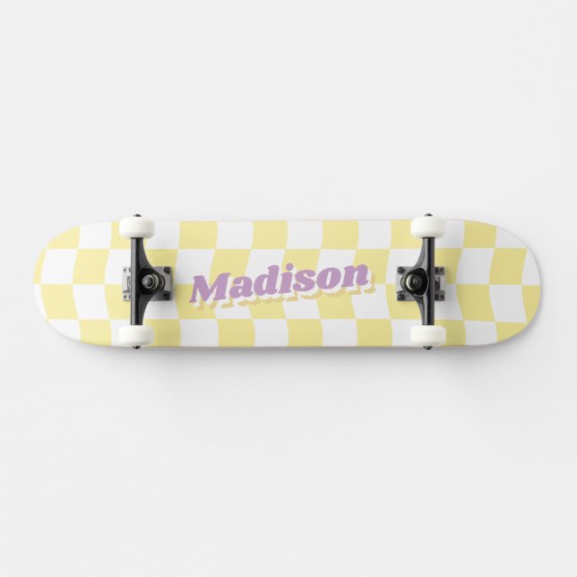 Skateboard Fille Nom Jaune Chèque Blanc Motif Retro (Horz)