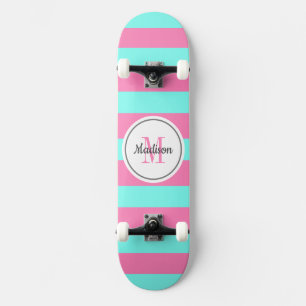 Skateboard Fille rose Turquoise rayures Monogramme Personnali
