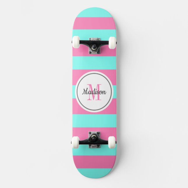 Skateboard Fille rose Turquoise rayures Monogramme Personnali (Recto)