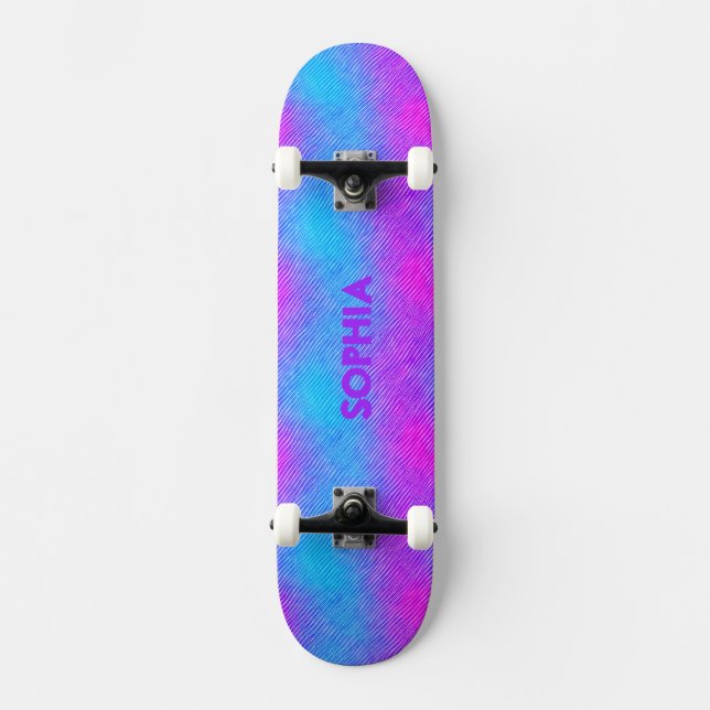 Skateboard Fille rose, violet, couleurs bleues Nom personnali (Recto)