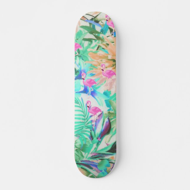 Skateboard Flamant floral rose turquoise tropical moderne (Devant)