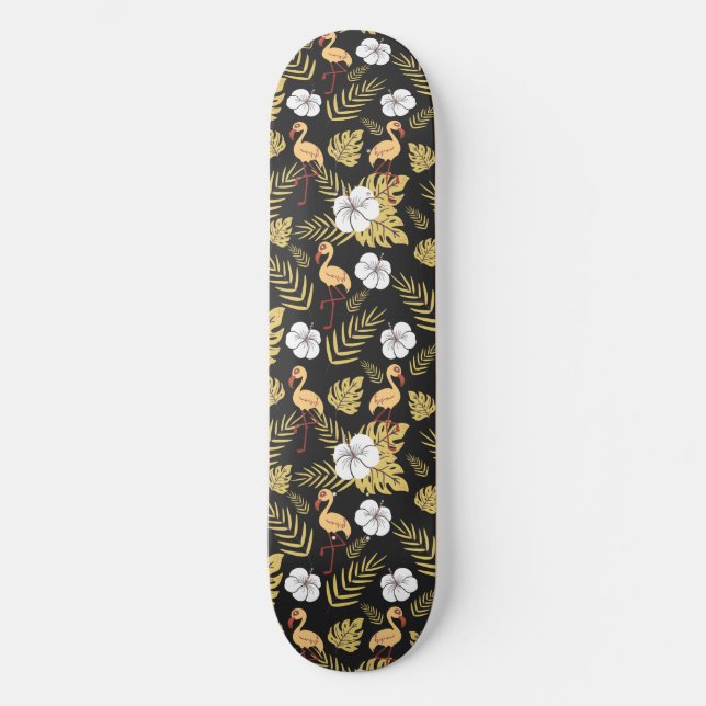 Skateboard Flamant rose continu motif fleurs jaune et blanc (Recto)