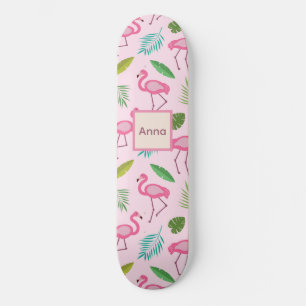Skateboard Flamant Rose Mignon avec Feuilles Tropicales perso