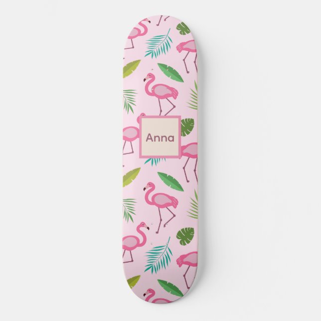 Skateboard Flamant Rose Mignon avec Feuilles Tropicales perso (Recto)