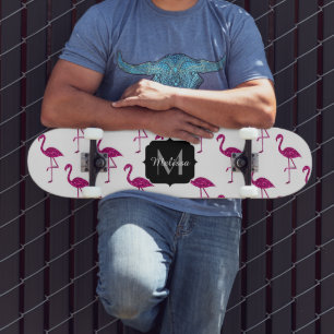 Skateboard Flamant rose pailleté motif monogramme