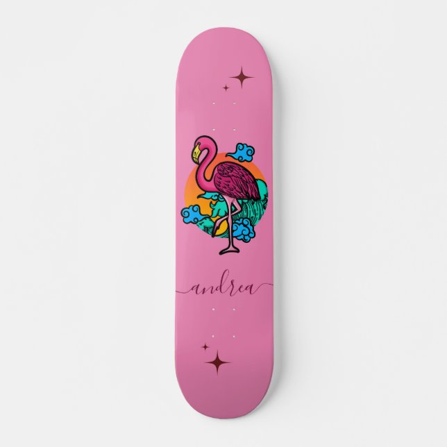 Skateboard Flamant rose rose exotique Nom étincelant d'été Tr (Devant)