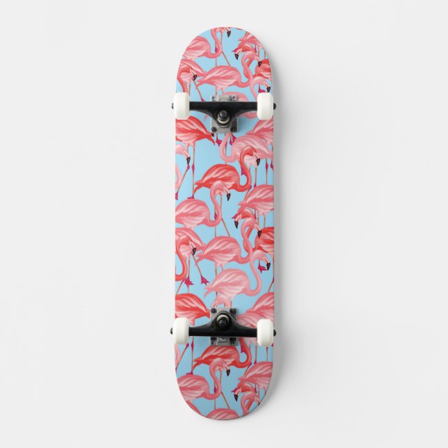 Skateboard Flamants roses roses lumineux sur le bleu (Recto)