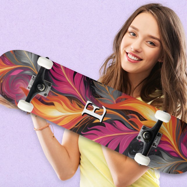 Skateboard Flames Urban Street Art Graffiti Cool Monogramme (A stylish monogrammed skateboard, with flames design in pink, orange and charcoal gray)