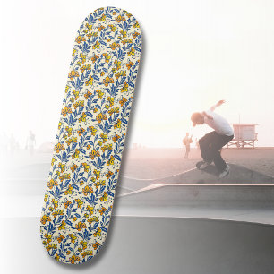 Skateboard Fleur Bleue Feuillue de Style Folk Orange Jaune Vi
