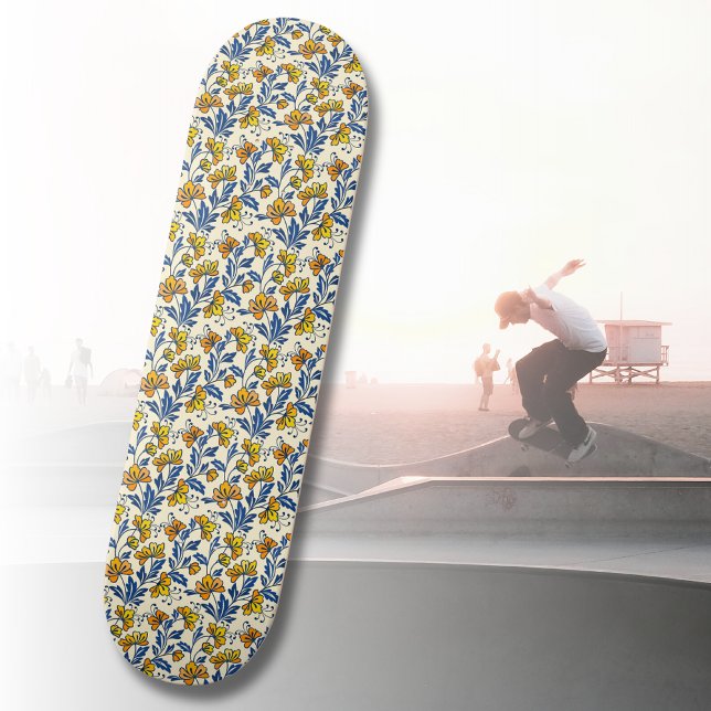 Skateboard Fleur Bleue Feuillue de Style Folk Orange Jaune Vi (Créateur téléchargé)