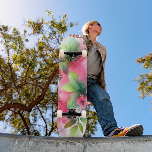 Skateboard Fleur botanique à l'aquarelle rose vert (Extérieur 1)