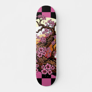 Skateboard Fleur de cerisier à carreaux noir et rose Japonais