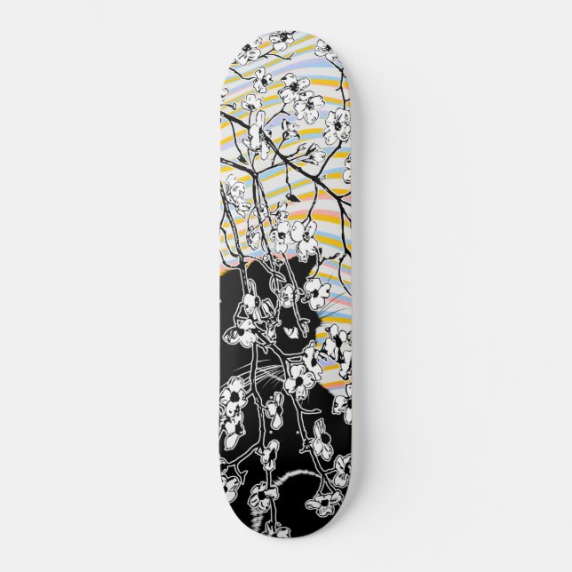 Skateboard Fleur de cerisier Chat noir Vagues florales coloré (Recto)