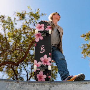 Skateboard Fleur de cerisier floral Monogramme Fille rose noi