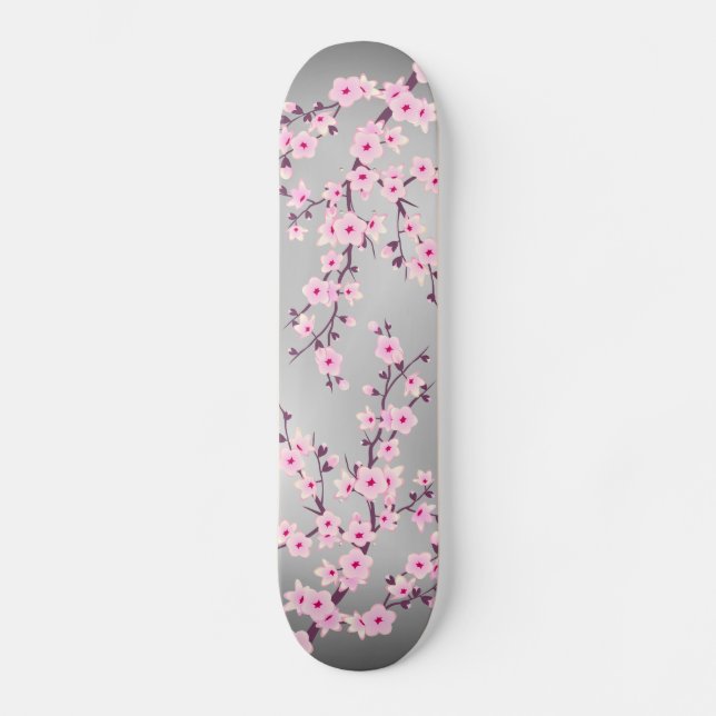 Skateboard Fleur de cerisier gris rose Asie Floral (Recto)