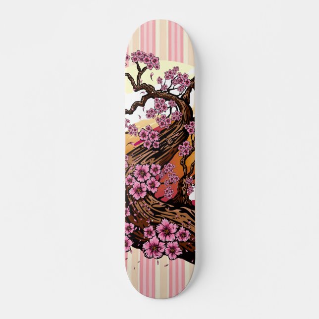 Skateboard Fleur de cerisier rayée pastel Coucher de soleil J (Devant)