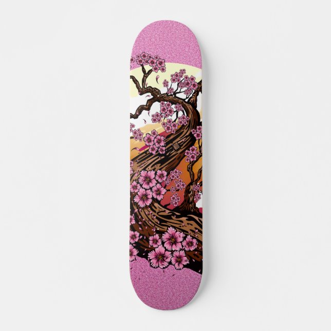 Skateboard Fleur de cerisier rose pailletée Coucher de soleil (Devant)