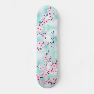 Skateboard Fleur de cerisier rose Turquoise Bokeh Monogram Gi