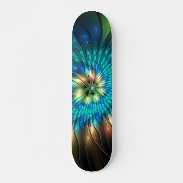 Skateboard Fleur de fantaisie lumineuse, fractale abstraite c (Devant)