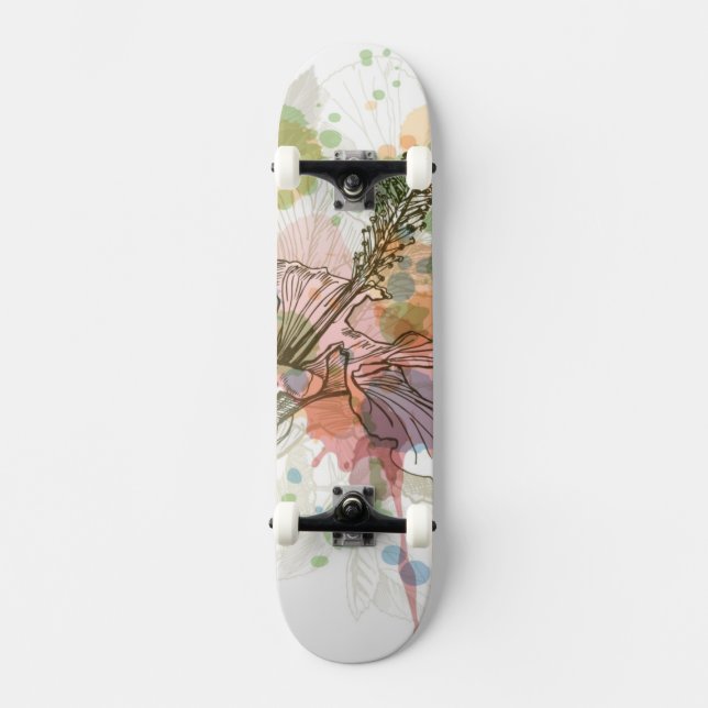 Skateboard Fleur de ketmie et arrière - plan d'aquarelle (Recto)