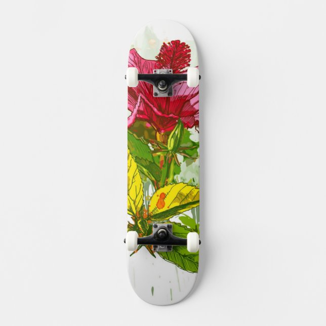 Skateboard Fleur de ketmie - peinture d'aquarelle (Recto)