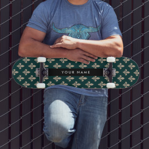 Skateboard Fleur de Lis, Beige sur Vert, Royale, Votre Nom