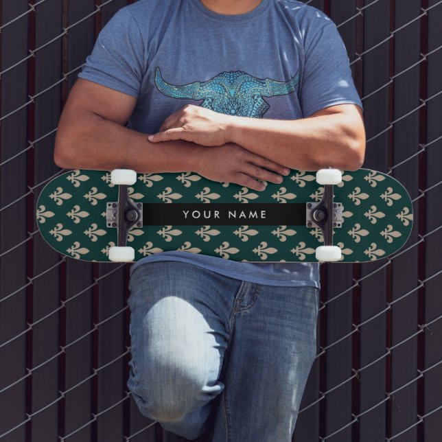 Skateboard Fleur de Lis, Beige sur Vert, Royale, Votre Nom (Extérieur 3)