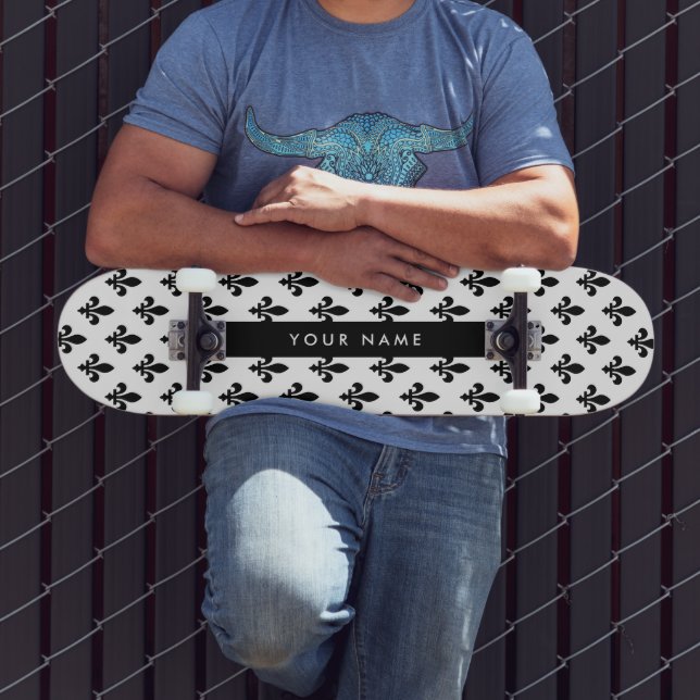 Skateboard Fleur de Lis, Noir sur Blanc, Noir, Votre Nom (Extérieur 3)
