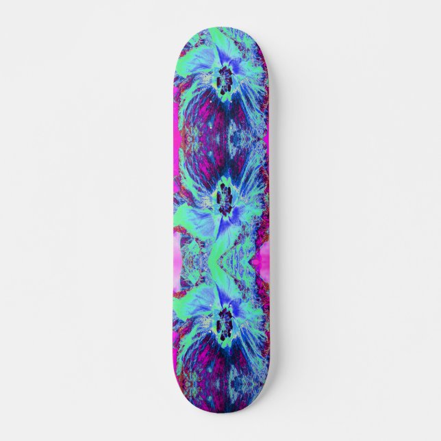 Skateboard Fleur d'Hibiscus Psychedelique Rétro Verte et Bleu (Devant)