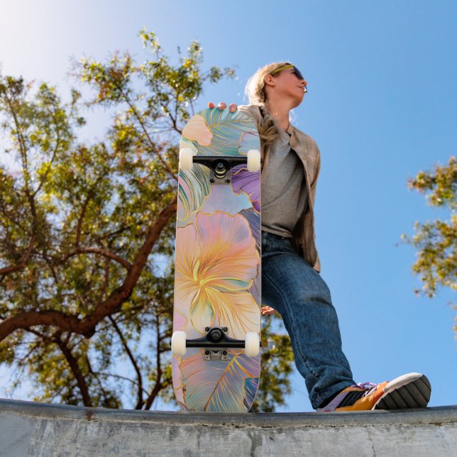 Skateboard Fleur Exotique Feuille en fleurs bleues (Extérieur 1)