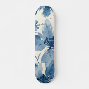 Skateboard Fleur peinte à l'aquarelle bleue botanique fantais