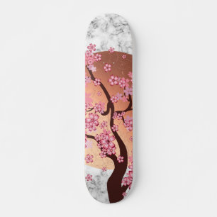 Skateboard Fleur Sakura Branche sur soleil doré sur marbre