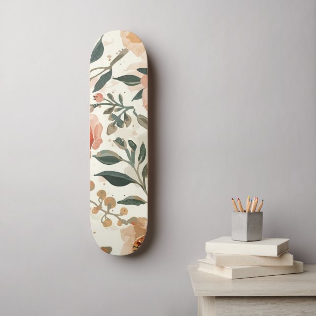 Skateboard Fleurs aquarelles orange peinture botanique (Art mural)