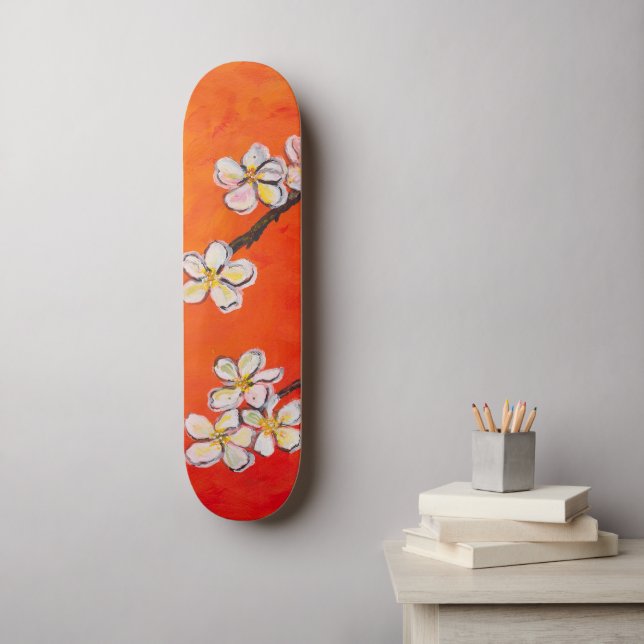 Skateboard Fleurs blanches sur arrière - plan de printemps ro (Art mural)