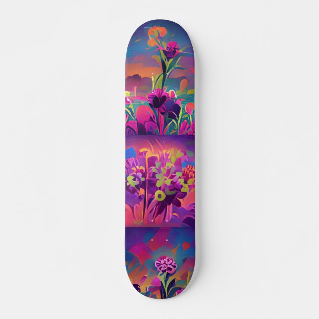 Skateboard Fleurs dans un champ coloré art numérique abstrait (Devant)
