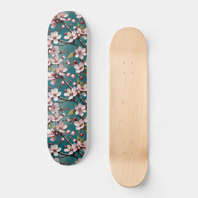 Skateboard Fleurs de cerisiers roses sur un Arrière - plan Tu (Recto)