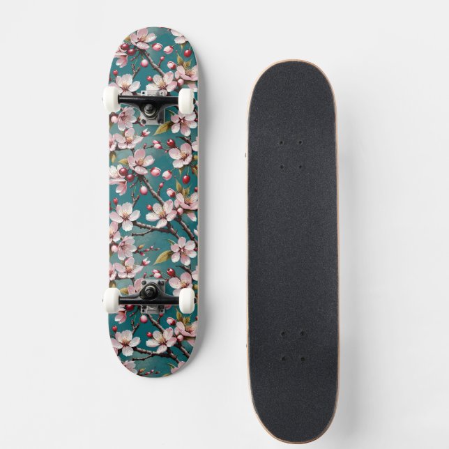 Skateboard Fleurs de cerisiers roses sur un Arrière - plan Tu (Devant)