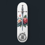Skateboard *~* Fleurs de feu AP88 Flore d'épée médiévale<br><div class="desc">(Code de recherche AP88 pour trouver des articles similaires ) Transfert facile vers d'autres produits Zazzle. Patinage arrière - plan BLANC avec PINK et ROSE couleur FLEURS MEDIEVAL SWORD pour tueurs de dragons avec FLEURS / éléments FLORAUX et avec une ANNEAU de FEU / FLAMES / FLAME et lettre, MONOGRAMME...</div>