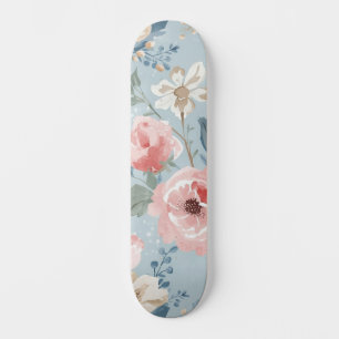 Skateboard Fleurs de jardin aquarelle bleu poussiéreux rose