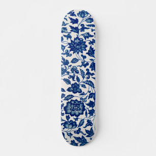 Skateboard fleurs de porcelaine bleu et blanc