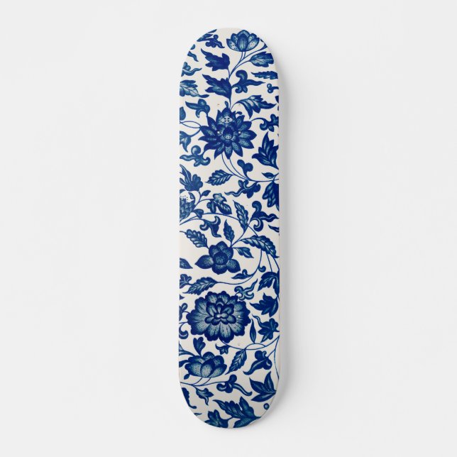 Skateboard fleurs de porcelaine bleu et blanc (Devant)