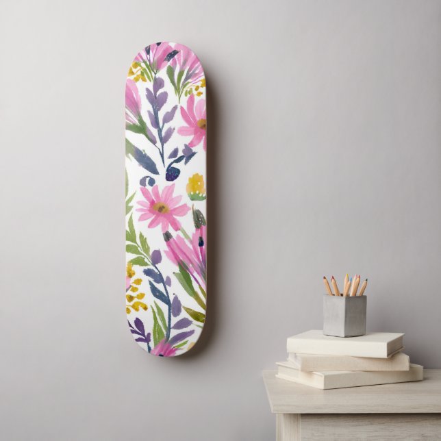 Skateboard Fleurs de printemps | Jolie aquarelle florale Past (Art mural)