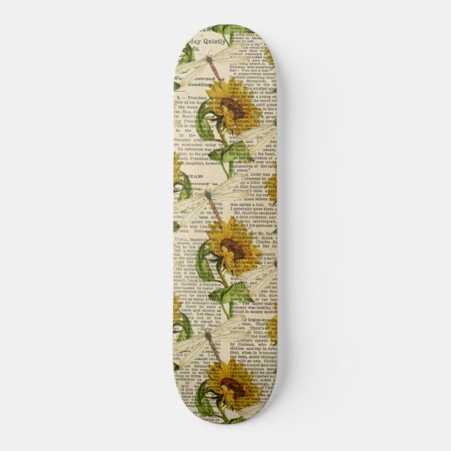 Skateboard Fleurs de soleil libellules vieux journal style pa (Recto)