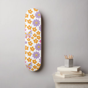 Skateboard Fleurs des années 90 mignonnes Papillons orange vi