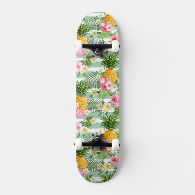 Skateboard Fleurs et ananas tropicaux sur les rayures (Recto)