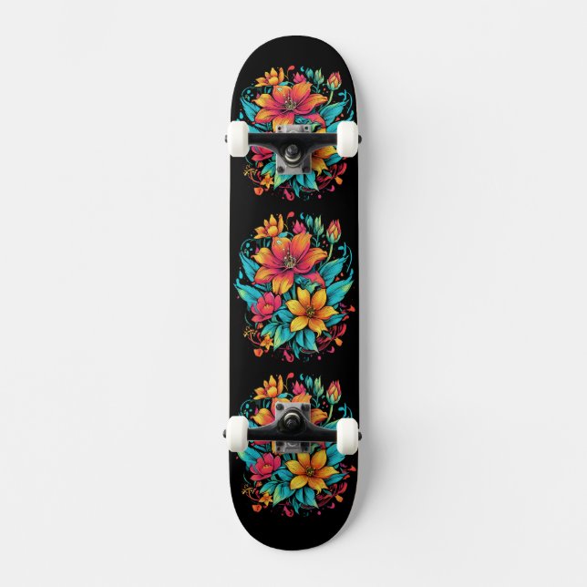 Skateboard Fleurs Florales Vibrantes (Recto)