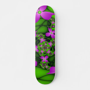 Skateboard Fleurs fractales Abstraites de néon rose vert