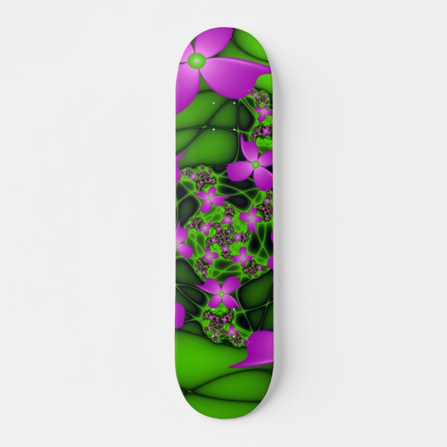 Skateboard Fleurs fractales abstraites modernes rose vert néo (Devant)