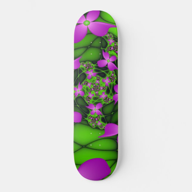 Skateboard Fleurs fractales abstraites modernes rose vert néo (Recto)